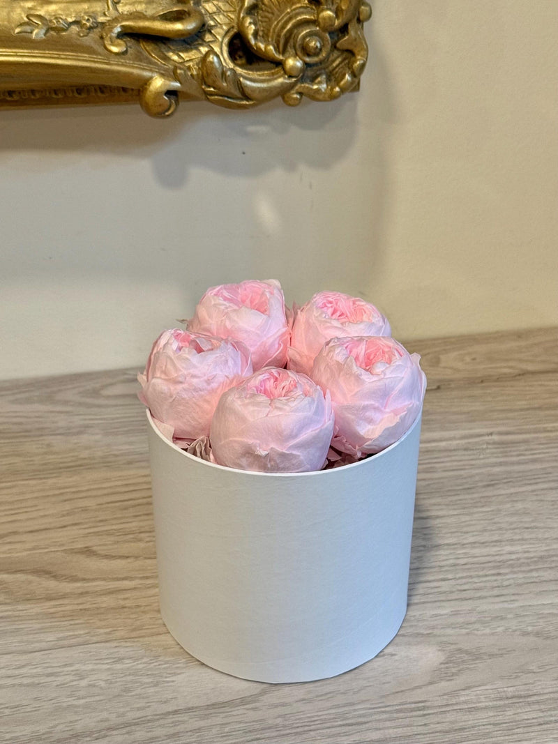 White gift box filled with pink preserved peony blooms