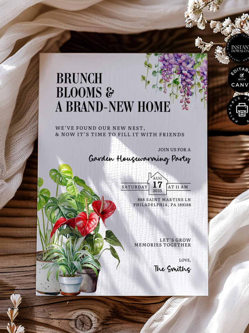 Housewarming Garden Brunch Party Invitation Template, New Home Notice, Change Of Address, Printable Instant Download, Edit Canva 5x7in, NH10 house warming flower