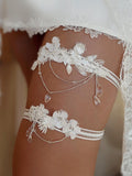Adjustable light ivory wedding garter for bride with dangling crystals, Fantasy flower garter, Whimsical bridal garter, Plus size garter wedding flower