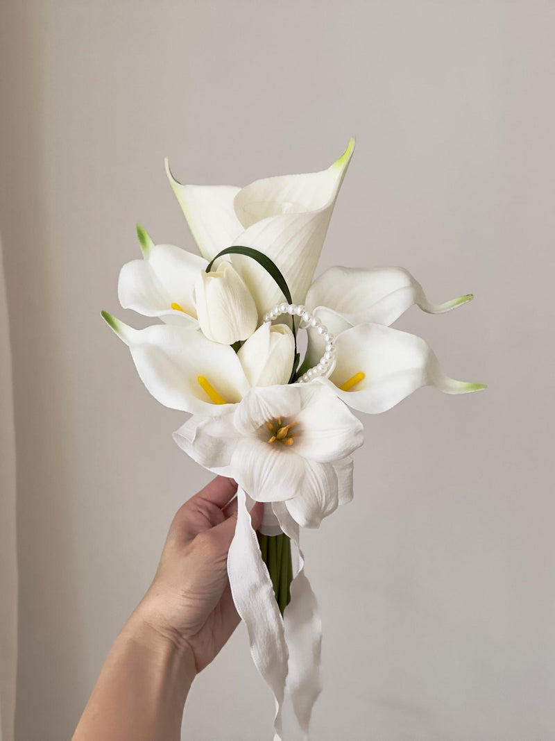Calla Lily & Tulip Wedding Bouquet: Rustic White Pearl Chain Bouquet