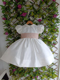 Knee length Flower Girl dress classic, ivory silk with ivory silk sash and big bow. Balloon sleeves. Under Petticoat,girl wedding dress FLOWER DELIVERY