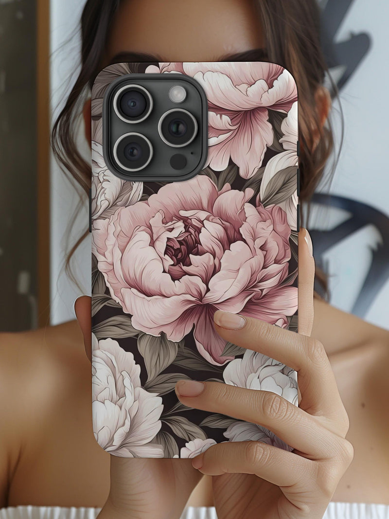 Pink peony floral phone case with raised camera cutout and slim edges