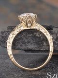 Antique Moissanite Flower Engagement Ring Yellow Gold Round Moissanite Solitaire Ring Unique Tulip Setting Lotus Ring Promise Ring Engraved ANNIVERSARY