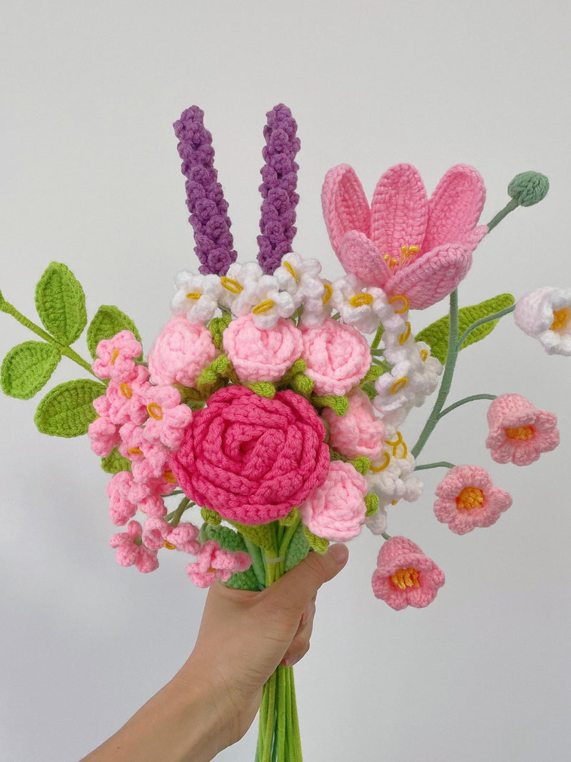 Crochet Pink Rose Flowers Bouquet,Knit Tulip Rose Sunflower Lily Flowers,Congratulations,Birthday, Anniversary Gifts for Classmate,Teacher sympathy flower