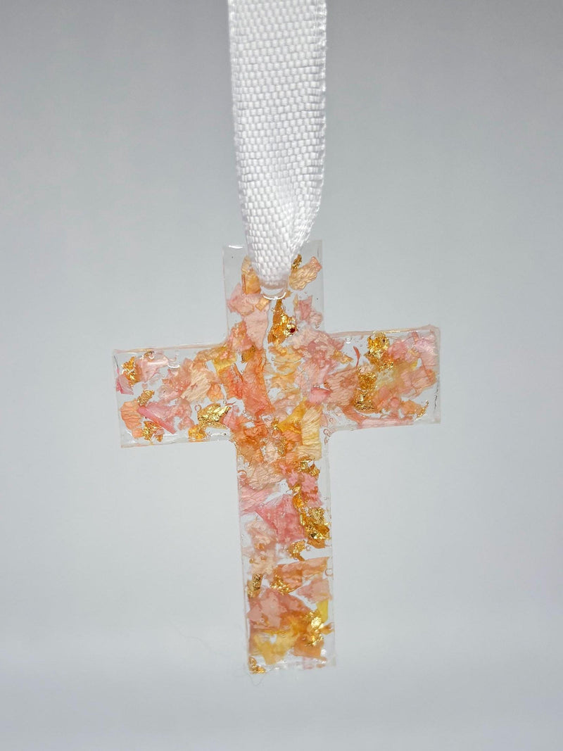 Pressed Flower Petal Cross Ornament: Custom Memorial Keepsake sympathy flower