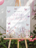 Butterfly Welcome Sign Template Printable Flowers and Butterflies Birthday Welcome Poster Pink Purple Butterflies Birthday Decor Canva FP2 birthday flower