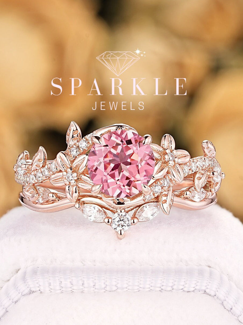 Nature Inspired Round Shape Padparadscha Pink Sapphire Floral Engagement Ring Set, Rose Gold Leaf Wedding Ring Flower Promise Ring for Women wedding flower