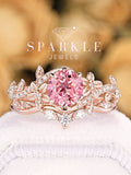 Nature Inspired Round Shape Padparadscha Pink Sapphire Floral Engagement Ring Set, Rose Gold Leaf Wedding Ring Flower Promise Ring for Women wedding flower