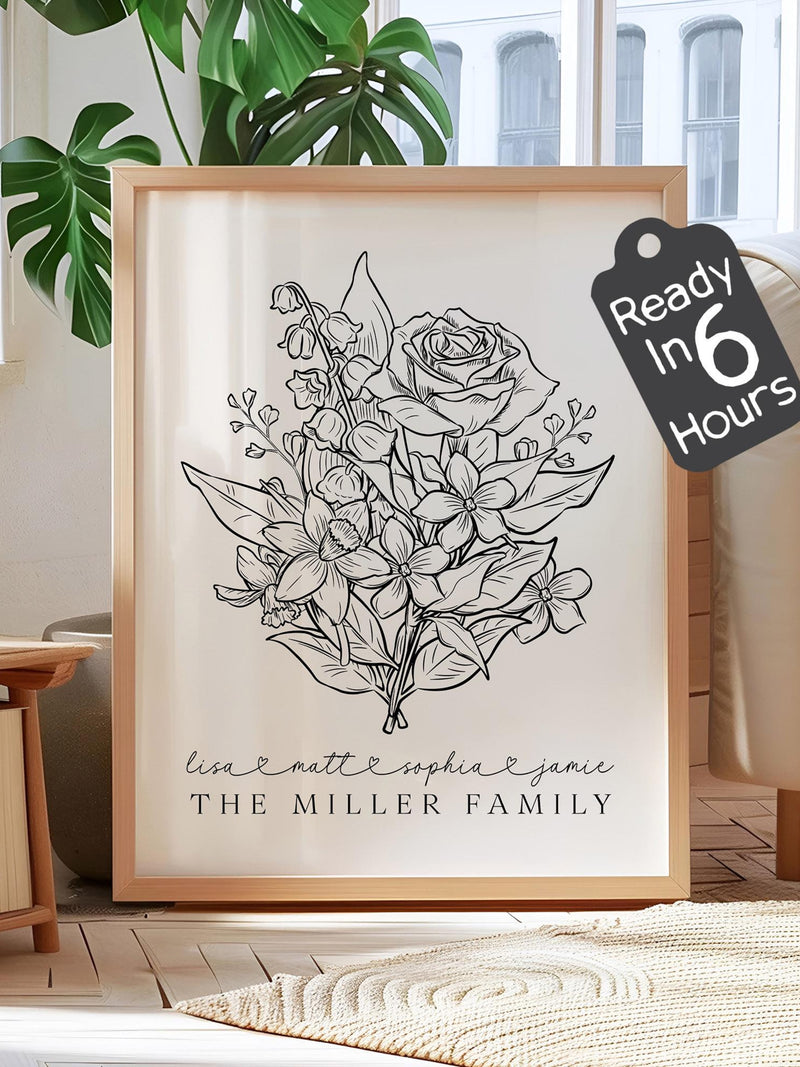Custom Birth Flower Bouquet Print, Personalized Family Names Line Art Poster, Minimal Floral Wall Decor Gift for Mom Grandma birthday flower
