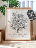 Custom Birth Flower Bouquet Print, Personalized Family Names Line Art Poster, Minimal Floral Wall Decor Gift for Mom Grandma birthday flower