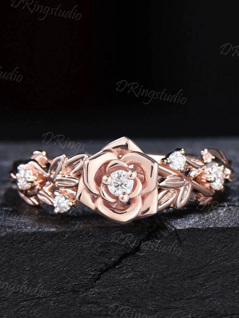 Nature inspired Round Diamond Engagement Ring Floral Wedding Ring Rose Gold Moissanite Ring Leaf Branch Bridal Set Anniversary Gift for Her wedding flower