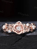 Nature inspired Round Diamond Engagement Ring Floral Wedding Ring Rose Gold Moissanite Ring Leaf Branch Bridal Set Anniversary Gift for Her ANNIVERSARY