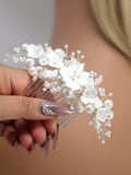 Ceramic White flower Faux Pearl Hair comb, Bridal Hair piece, Bridal Hair Accessories, Wedding Hair Accessory. wedding flower