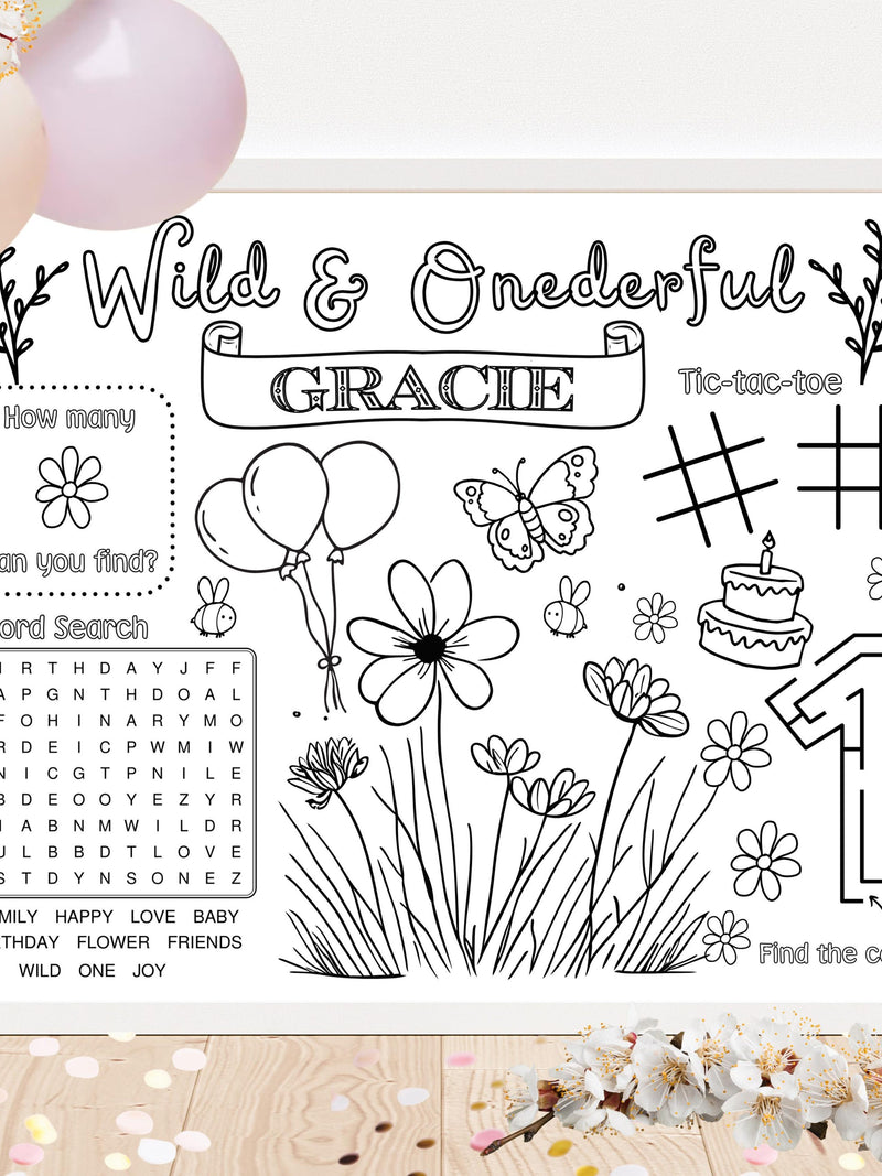 CUSTOMIZABLE Wildflower Birthday Party Activity Sheet: Personalized Onederful Flower Themed Coloring Page Table Placemat (Digital Download) birthday flower