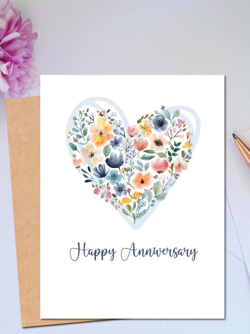Anniversary Card for Couple Heart Bouquet Happy Anniversary Card Rose and Blue Colors for Her Floral Heart Simple Anniversary Card for Wife ANNIVERSARY