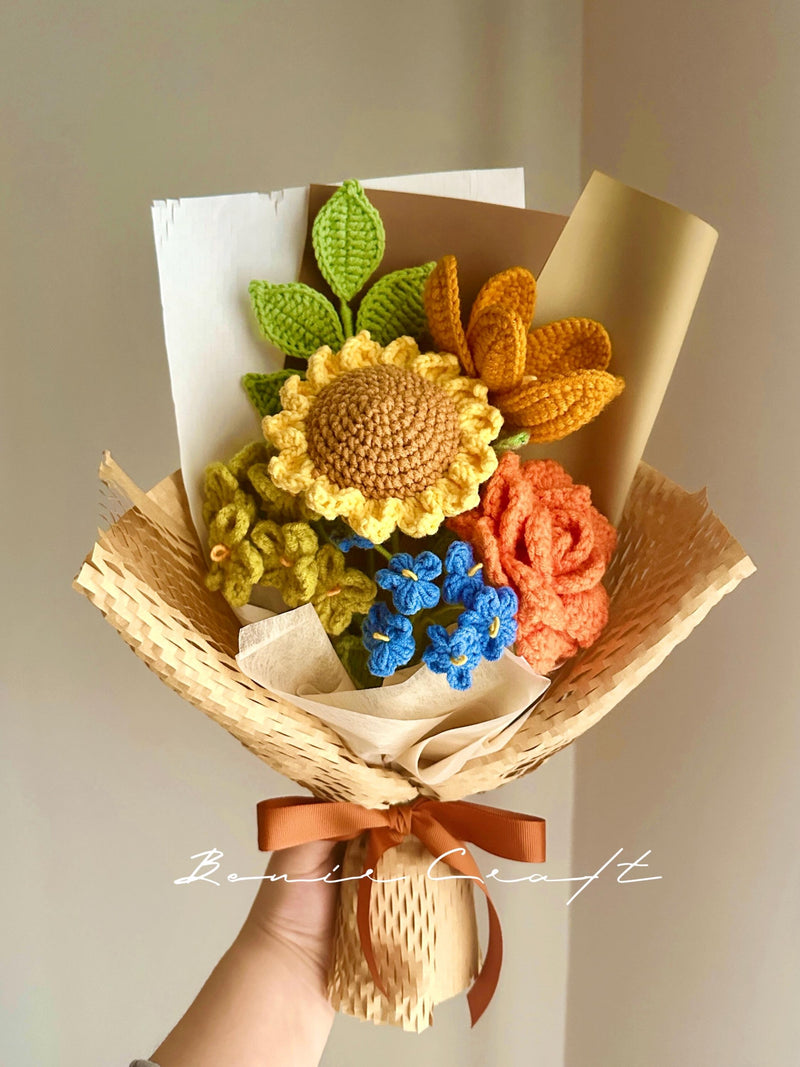 Crochet Sunflower Bouquet, Handmade Cotton Forever Flowers Bouquet