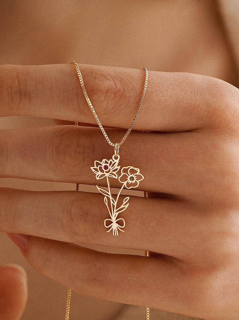 Personalized Birth Flower Bouquet Necklace with Birthstone, Mothers Garden Flower Necklace, Family Member Necklace, Mothers Day Gift for Her birthday flower