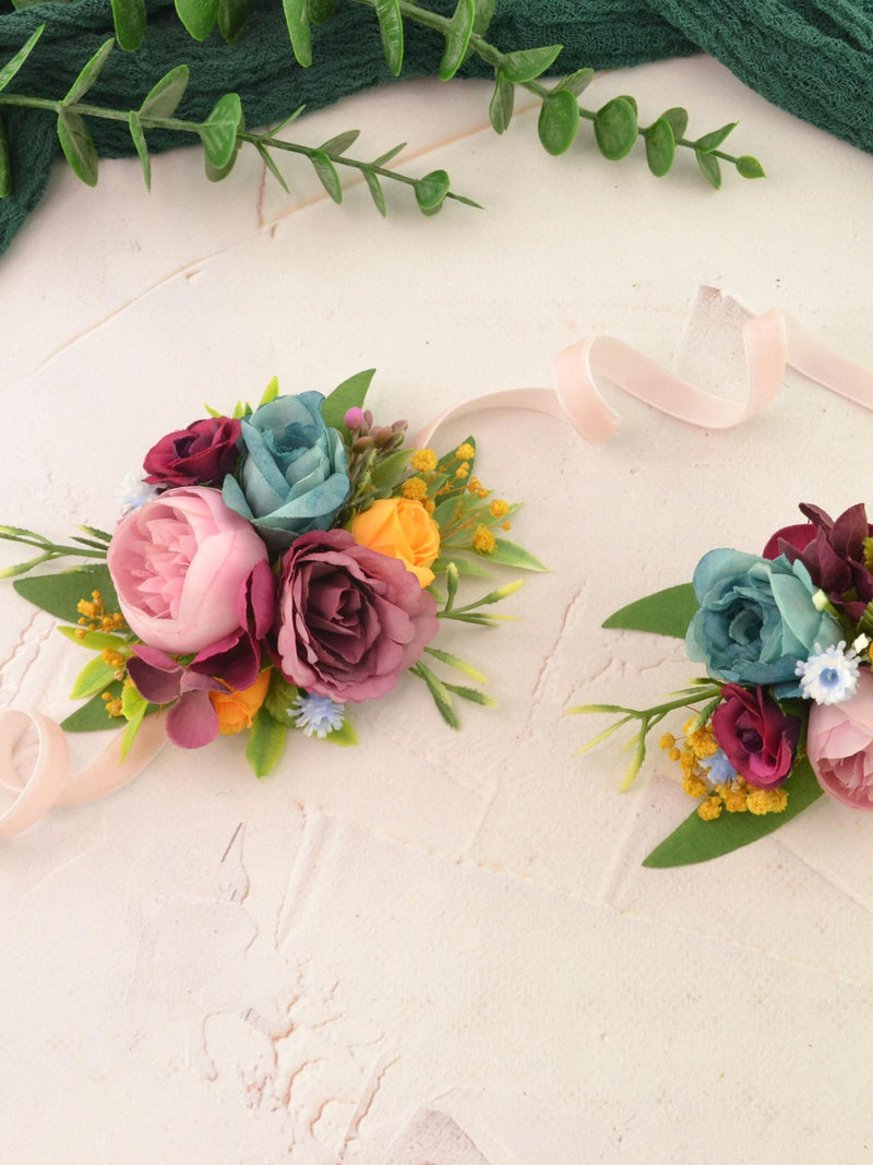 Corsage and boutonniere set of flower accessories for bridesmaid Floral hair piece bright Summer wedding flower corsage Groomsman buttonhole wedding flower