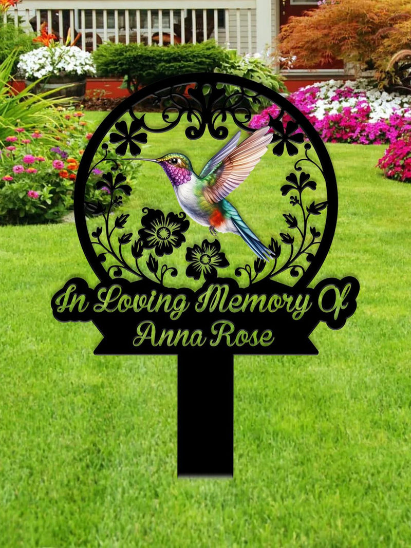 Custom Hummingbird Memorial Stake, Personalized Hummingbird and Flower, Metal Stake,Garden Decor,In Loving Memory,Sympathy Sign,Grave Marker sympathy flower