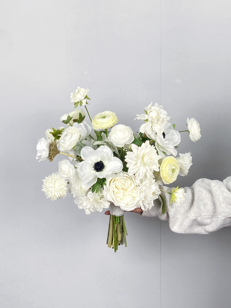 White Silk Flower Bridal Bouquet, Anemone Rose Wedding Bouquet wedding flower