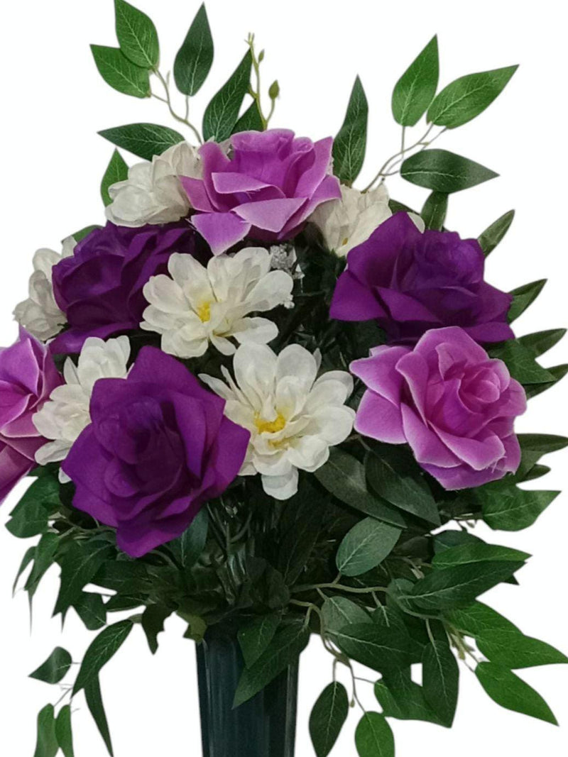 Prepotted Purple, Lavender Rose With Cream Zinnia Memorial Graveyard Cemetery 23"H Silk Flower Arrangement Fully Assembled Planter #EST134 silk flower