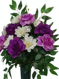 Prepotted Purple, Lavender Rose With Cream Zinnia Memorial Graveyard Cemetery 23"H Silk Flower Arrangement Fully Assembled Planter #EST134 silk flower