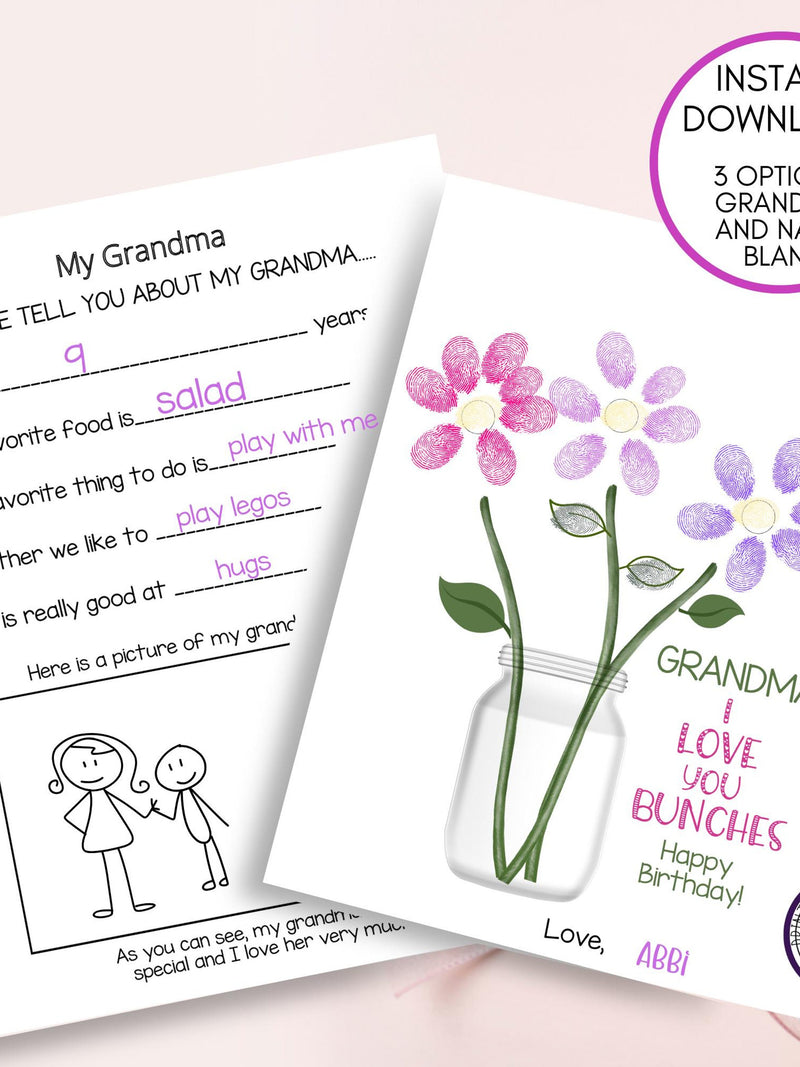 Gift For Grandma Fingerprint Art Keepsake From Grand Child, Birthday Flower Bouquet, Nana, Fill In the Blank Questionnaire, Coloring Page birthday flower