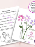 Gift For Grandma Fingerprint Art Keepsake From Grand Child, Birthday Flower Bouquet, Nana, Fill In the Blank Questionnaire, Coloring Page birthday flower