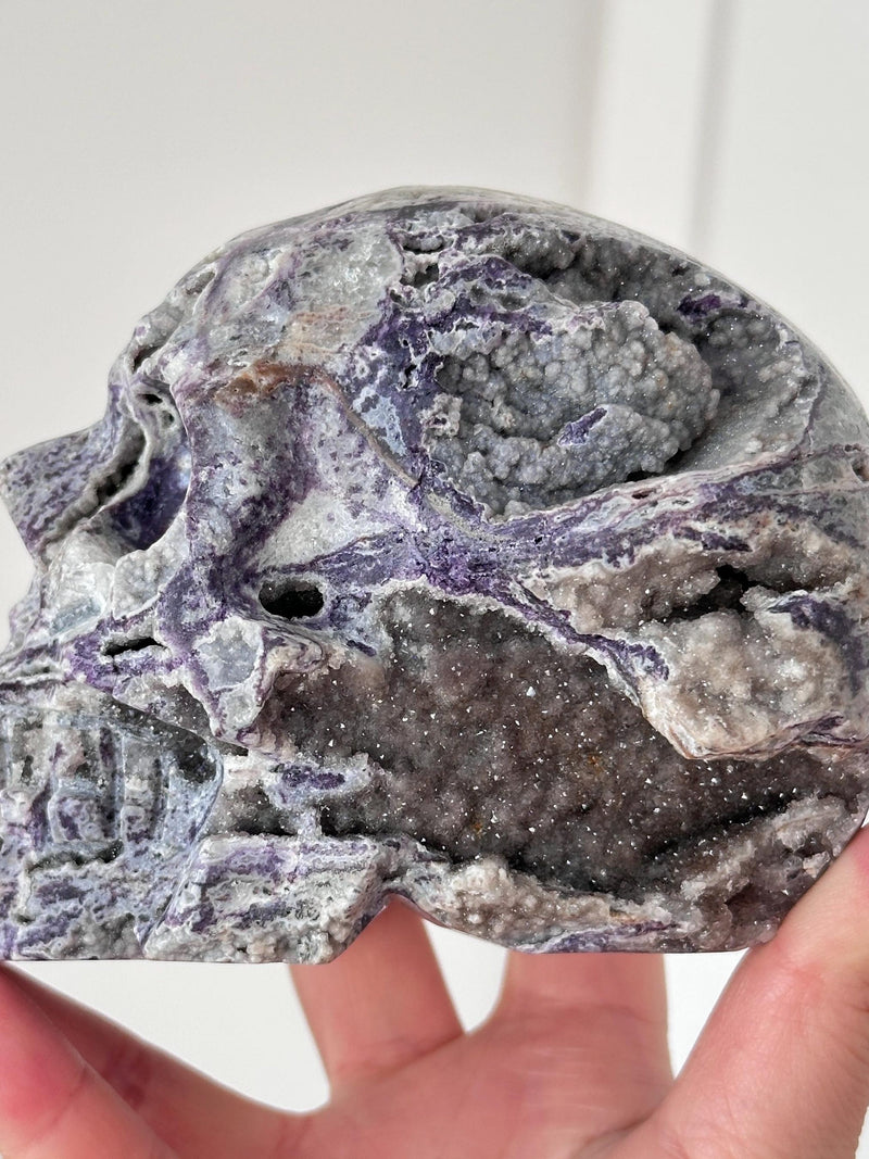Sparkly Sphalerite with Purple Fluorite Skull_Crystal Craving | Crystal Skull flower spore
