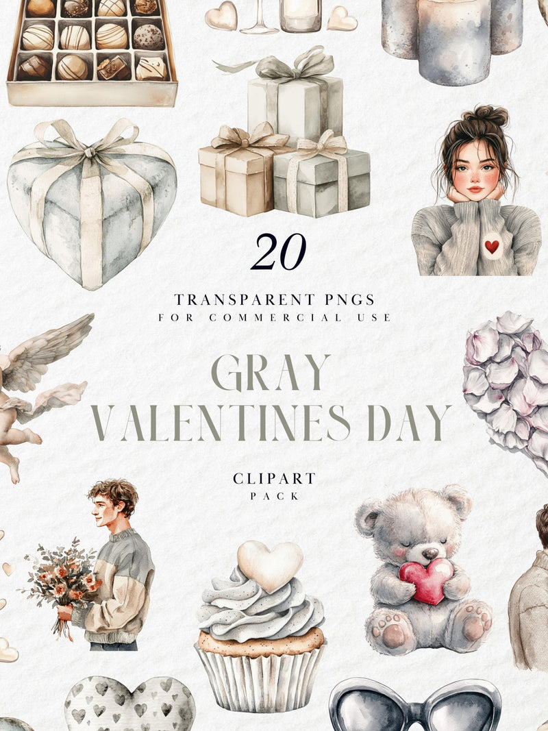 Watercolor Gray Valentines Day Clipart, Monochrome Romance, Contemporary Love, Neutral Valentine, Transparent PNG Graphics, Commercial Use Love Romance Flower