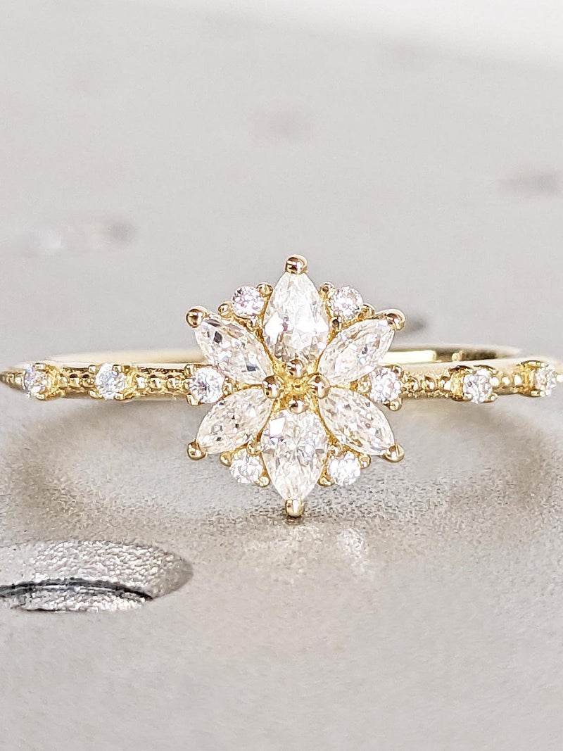 Solid Gold Flower Engagement Ring, Moissanite Marquise Floral Petals Engagement Ring, Floral Anniversary Ring, Vintage Wedding Ring for Her wedding flower