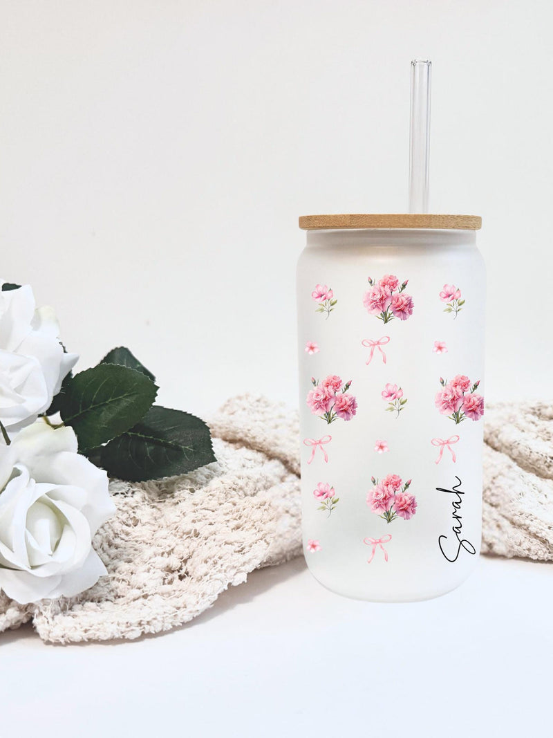 January Birth Flower Cup with Personalized Custom Name, Floral Bow Glass Cup for Bridesmaid Gift, Red Carnation Flower Beer Can Wedding Gift birthday flower