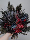 Black and Burgundy Gothic Wedding Bouquet/Faux and Dried  flowers bouquet/Dark Alternative Bridal Bouquet with Blue Accents/Pampas bouquet/ Bouquet
