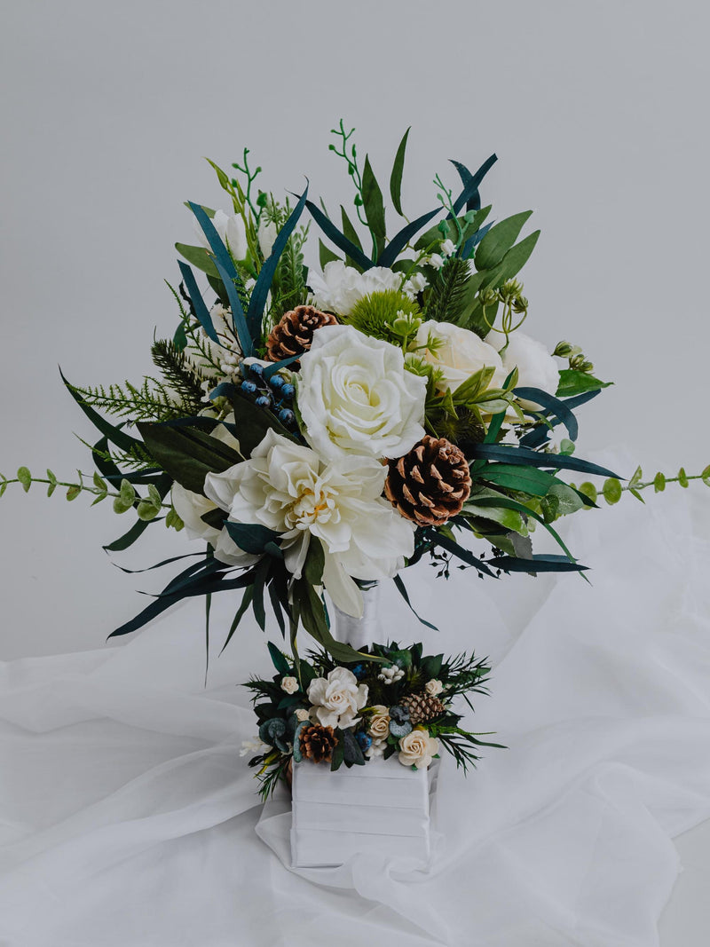 Winter Wedding Bouquet with Pinecones/White Roses Greenery/Rustic Christmas Bridal Bouquet/Artificial Winter Flowers/Woodland Wedding Decor wedding flower