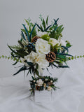 Winter Wedding Bouquet with Pinecones/White Roses Greenery/Rustic Christmas Bridal Bouquet/Artificial Winter Flowers/Woodland Wedding Decor wedding flower