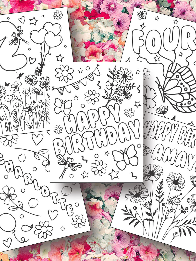 Wildflower Butterfly Birthday Coloring Pages: Personalized Party Activity (5 Sheets) birthday flower