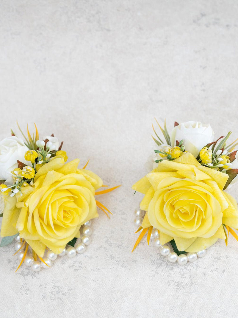 Yellow Silk Rose Corsage For Wedding, Pearl Wrist Bracelet, Flower Girl Corsage, Bridesmaid Corsage, Groom Boutonniere, Prom Gift For Mom silk flower