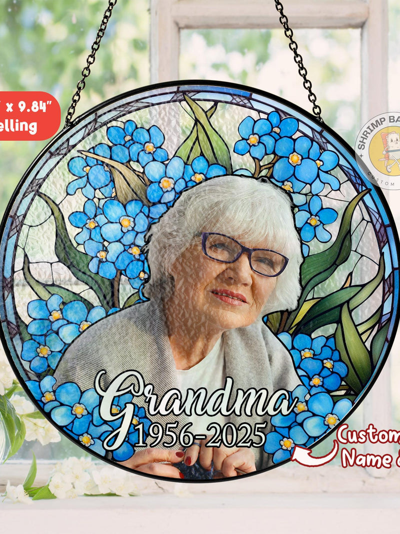 Personalized Photo Forget Me Not Botanical Stained Glass Suncatcher, Memorial Sympathy Window Hanging Decor, Mother Day Gift For Mom Grandma sympathy flower