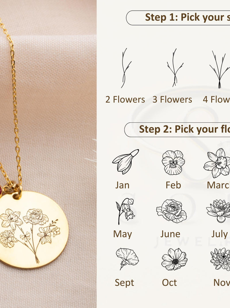 Dainty Combined Birth Month Flower Bouquet Necklace Custom Birthflower Necklace Engraved Necklace Mother's Day Gift May Birthflower Necklace birthday flower