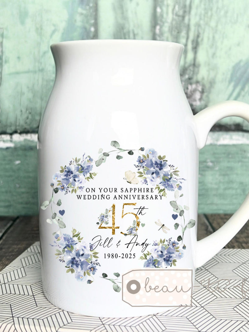 Personalised Sapphire Wedding Anniversary gift 45th 45 Ruby Silver Golden Diamond Anniversary gift Floral Ceramic Small Vase Jug Mug ANNIVERSARY