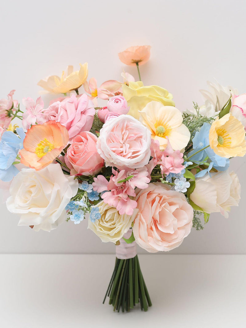 A&F Pink Blue Bouquets, Peach Bouquets, Bright Wildflower Bouquets, Colorful Bridal Bouquet,   Blush/Blue/Yellow Wedding Bouquet wedding flower