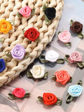 Mini Satin Rose Appliques with Green Leaves: Wedding Crafts, Sew On Patches 50-100pcs silk flower