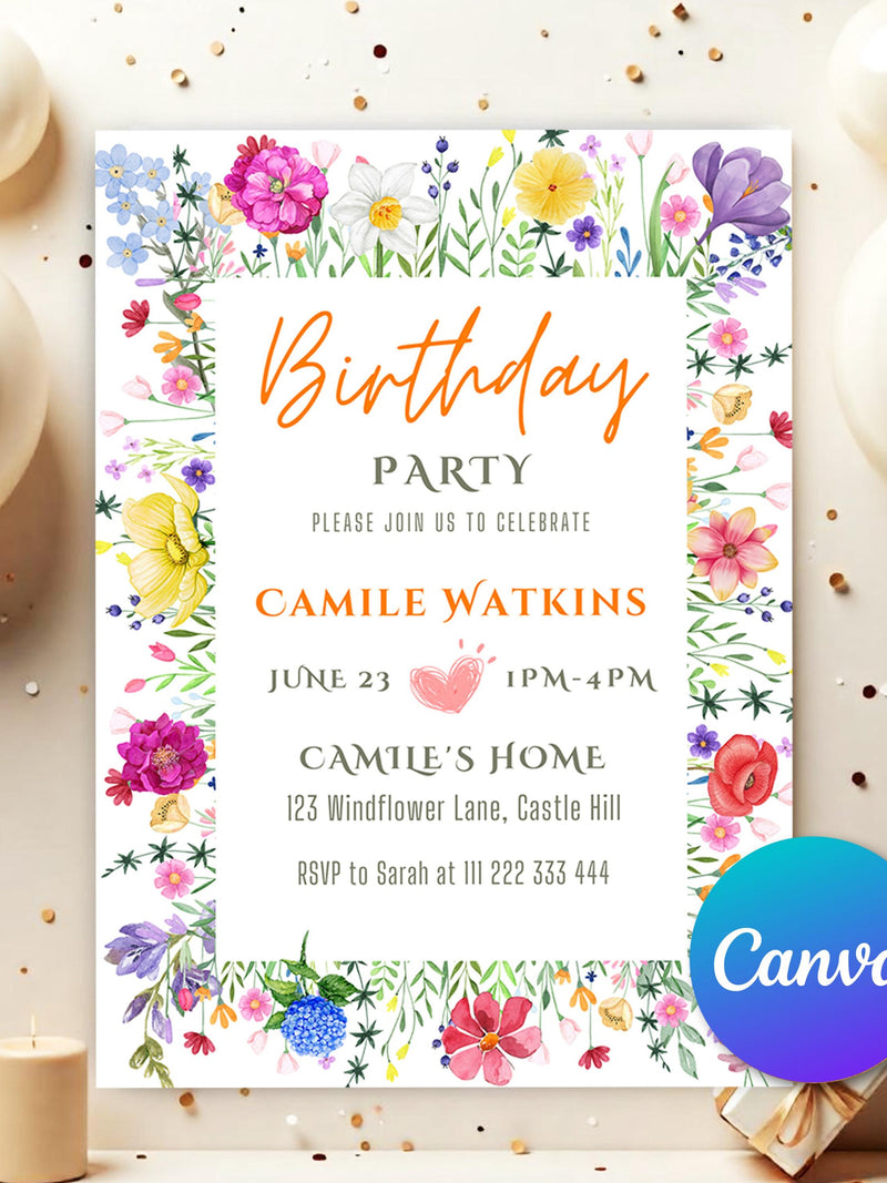 Flower Birthday Invitation Wildflower Birthday invite Floral Woman's Birthday Mother's day Invite CANVA EDITABLE, Pink Purple Invite FW77 birthday flower