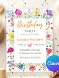 Flower Birthday Invitation Wildflower Birthday invite Floral Woman's Birthday Mother's day Invite CANVA EDITABLE, Pink Purple Invite FW77 birthday flower