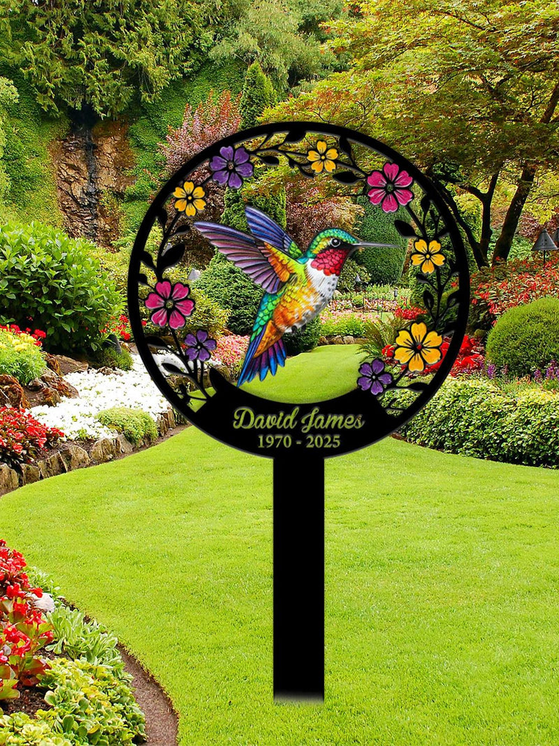 Personalized Hummingbird Memorial Stake Metal, Personalized Hummingbird and Flower, Metal Stake, Garden Decor,In Loving Memory,Sympathy Sign sympathy flower