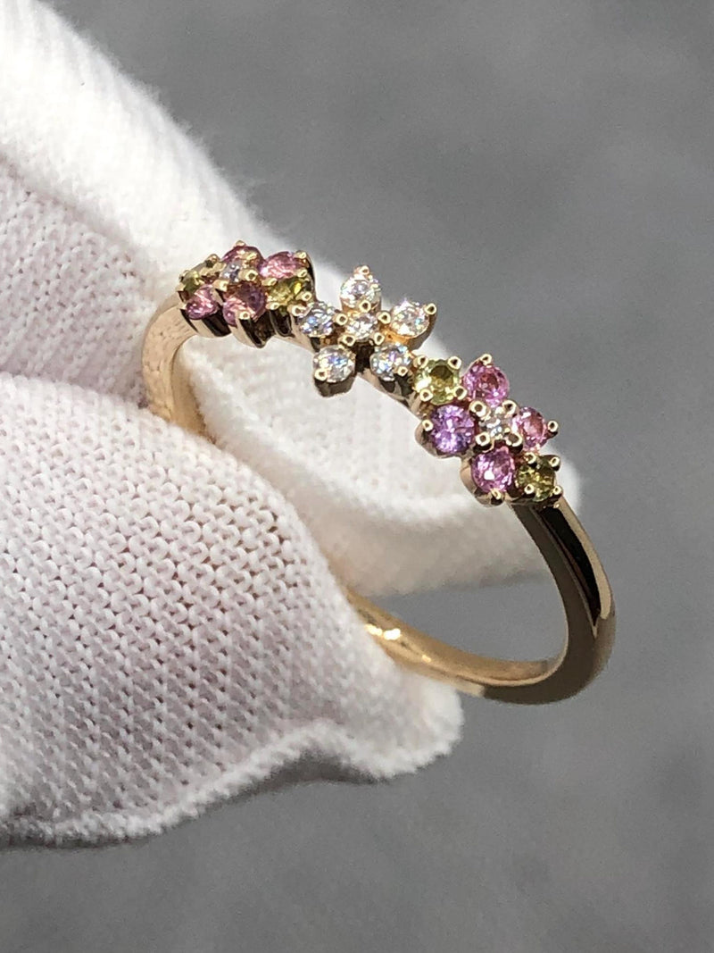 Dainty Flower Wedding Band,Unique Natural Pink Sapphire Wedding Ring,Moissanite Floral Ring,Minimalist Anniversary Promise Ring for Women ANNIVERSARY