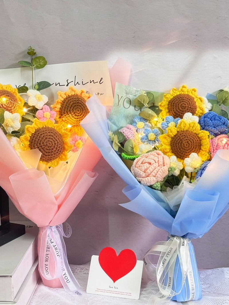 Handmade Crochet Sunflower Rose Bouquet with Lights,Crochet Bouquet Gift,Mother's Day Gift,Birthday Gift,Flower Gift for Mom/Teacher/Friends ANNIVERSARY