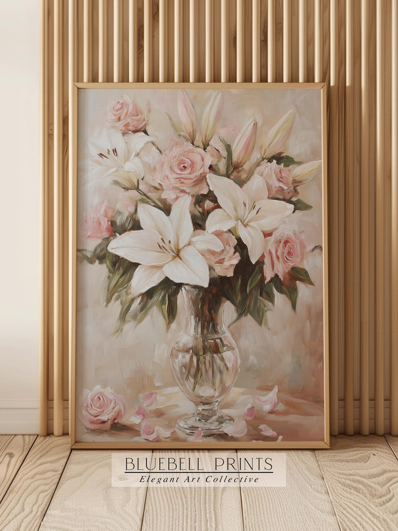 Pink & White Flower Bouquet Oil Painting | Wedding Anniversary Wall Art | Vintage Romantic Spring Flowers Print | PRINTABLE Digital BB 00373 Love Romance Flower