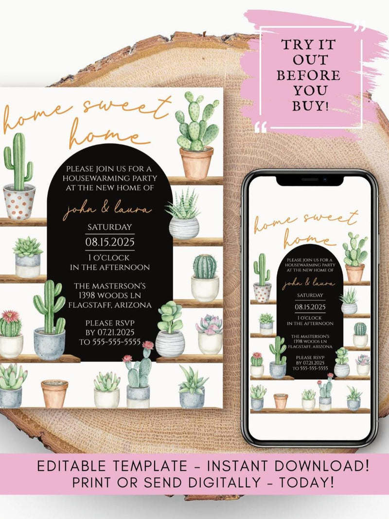 Succulent Housewarming Invitation: Watercolor Cactus, Greenery (Digital Download) house warming flower