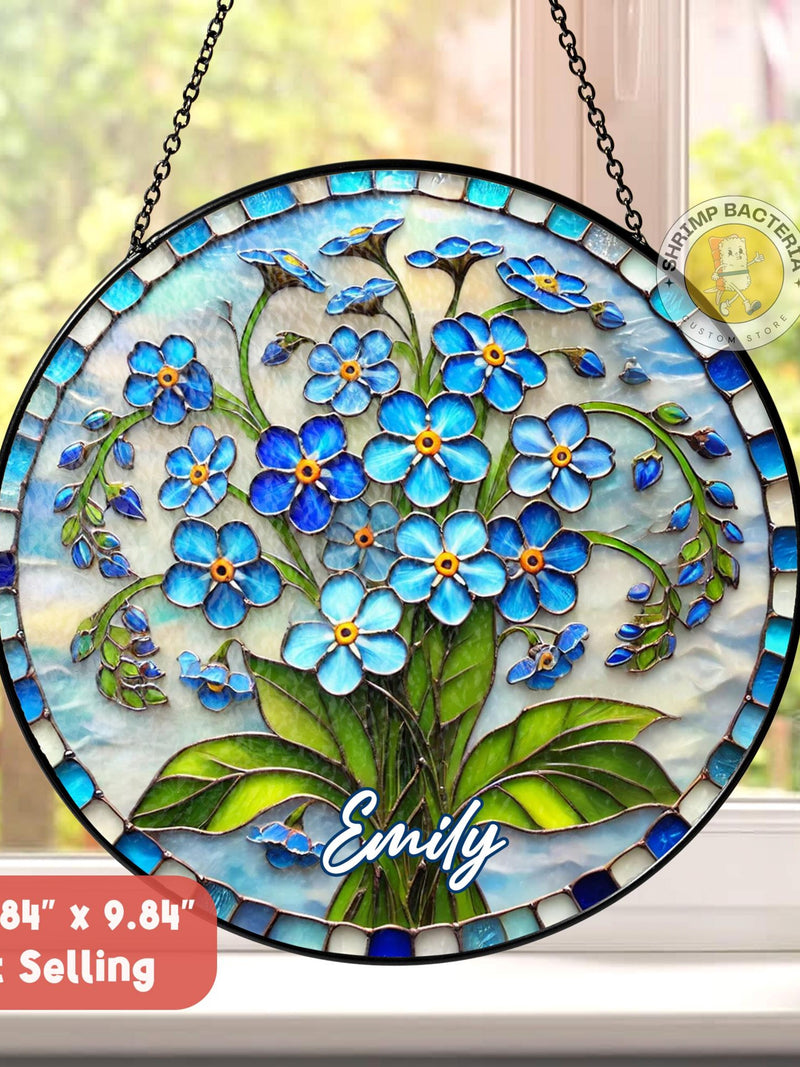 Personalized Forget Me Not Botanical Stained Glass Suncatcher, Memorial Sympathy Window Hanging Decor, Mothers Day Present For Mom, Grandma sympathy flower